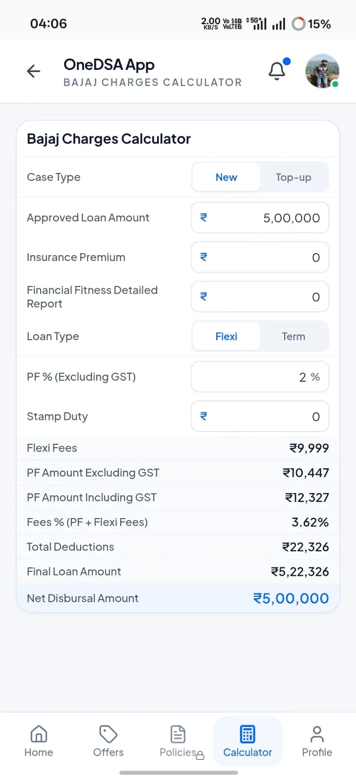 OneDSA Bajaj charges calculator with fees and net disbursal