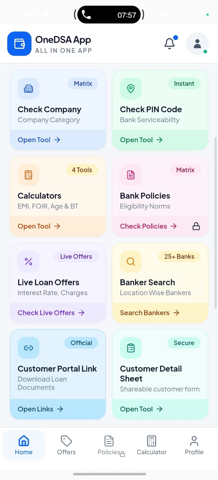 OneDSA quick action tools grid with company check, PIN code, calculators, policies, offers, and banker search